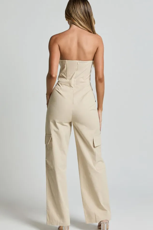 Nellia Jumpsuit 8211 Strapless Straight Leg Cargo Jumpsuit In Stone Women Showpo Conscious