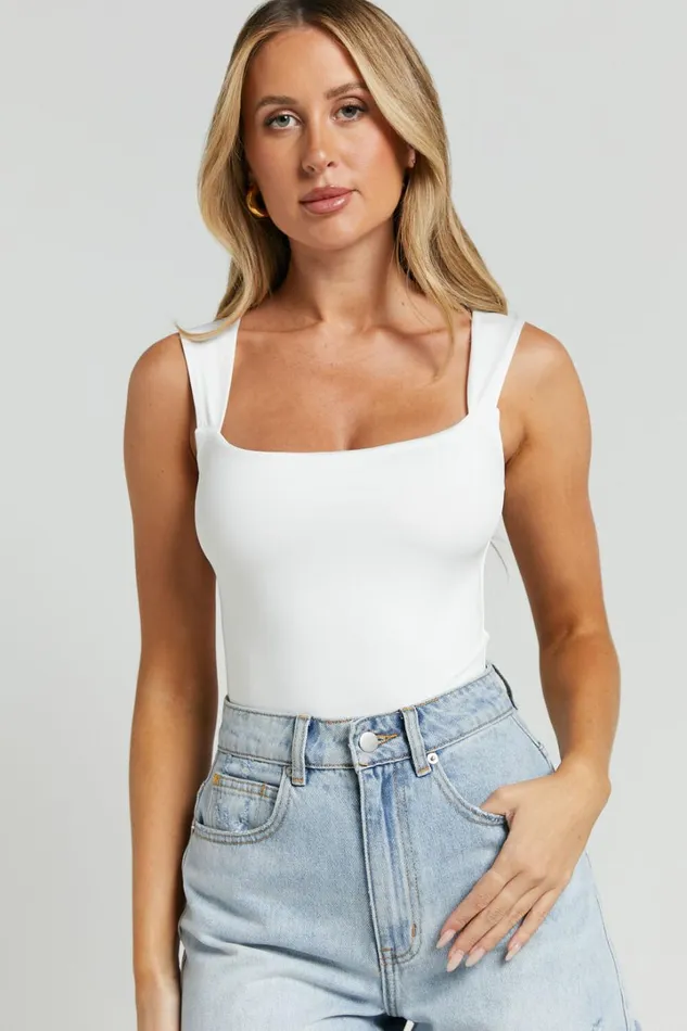 Nerine Bodysuit 8211 Wide Strap Scoop Neck In White Women Showpo Tops