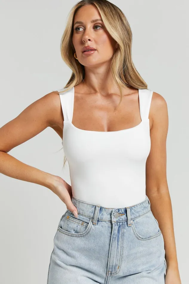 Nerine Bodysuit 8211 Wide Strap Scoop Neck In White Women Showpo Tops