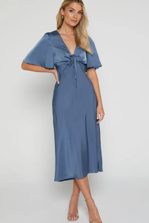 Nicholla Midi Dress 8211 Ruched Front Angel Sleeve Slip Dress In Steel Blue Women Showpo Dresses Nicholla Midi Dress 8211 Ruched Front Angel Sleeve Slip Dress In Steel Blue Women Showpo Dresses