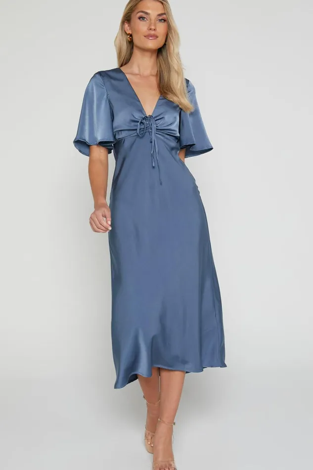 Nicholla Midi Dress 8211 Ruched Front Angel Sleeve Slip Dress In Steel Blue Women Showpo Dresses