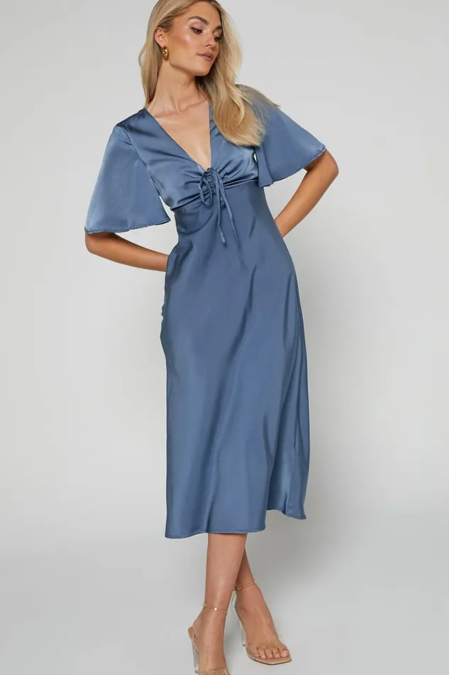 Nicholla Midi Dress 8211 Ruched Front Angel Sleeve Slip Dress In Steel Blue Women Showpo Dresses
