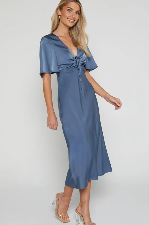 Nicholla Midi Dress 8211 Ruched Front Angel Sleeve Slip Dress In Steel Blue Women Showpo Dresses