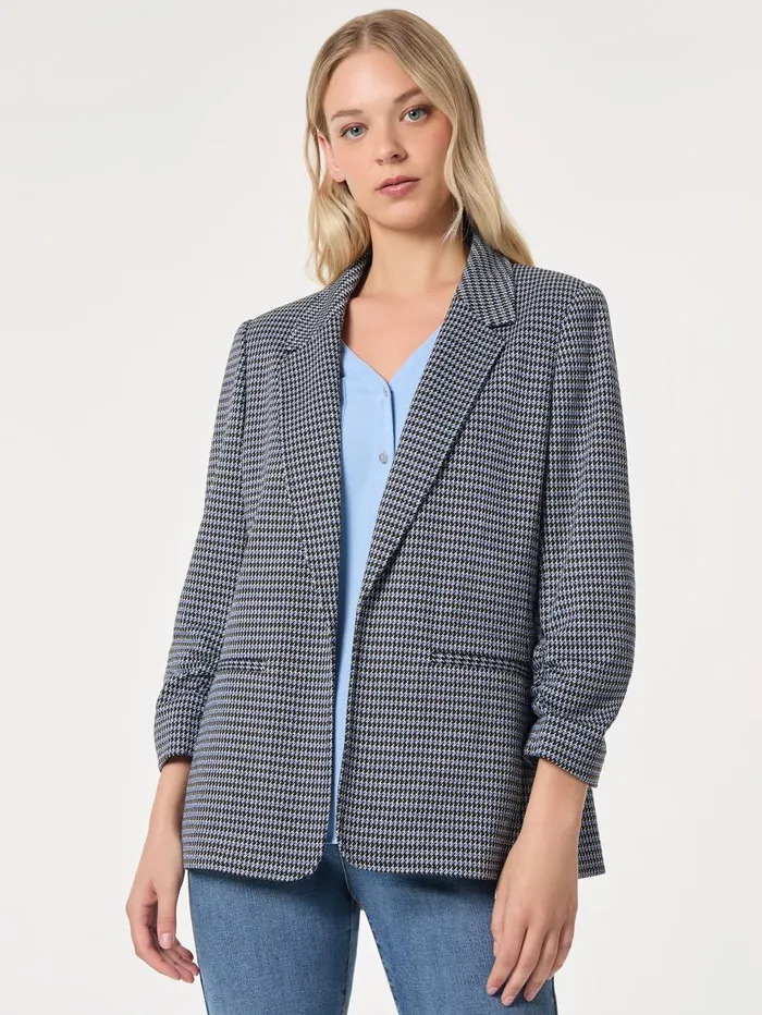 Notch Collar Open Front Houndstooth Jacket Women Jones New York Blazers