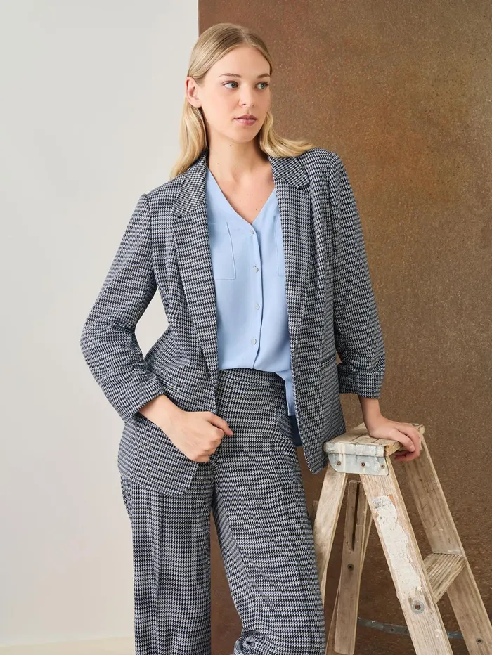 Notch Collar Open Front Houndstooth Jacket Women Jones New York Blazers Notch Collar Open Front Houndstooth Jacket Women Jones New York Blazers