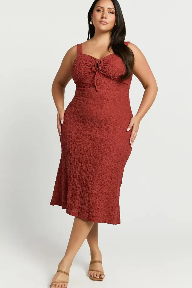 Olsen Midi Dress 8211 Textured Wide Strap Tie Front Dress In Burnt Rust Women Showpo Conscious