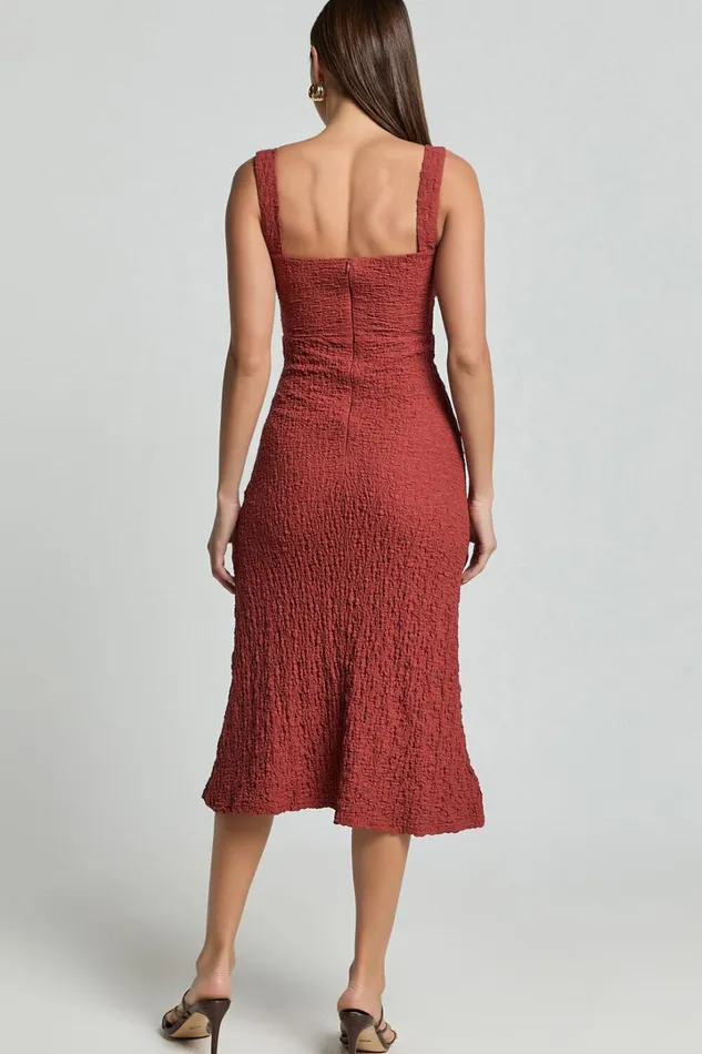 Olsen Midi Dress 8211 Textured Wide Strap Tie Front Dress In Burnt Rust Women Showpo Conscious