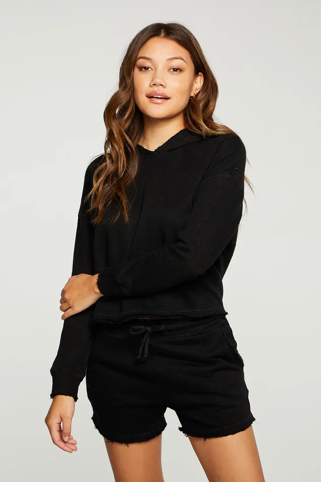 Outerwear Linen French Terry Cropped Long Sleeve Pullover Hoodie with Raw Edges 8211 Chaser Brand Womens
