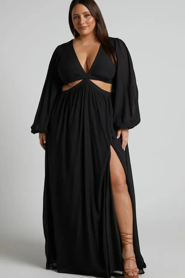 Paige Maxi Dress 8211 Side Cut Out Balloon Sleeve Dress In Black Women Showpo Curve Clothes