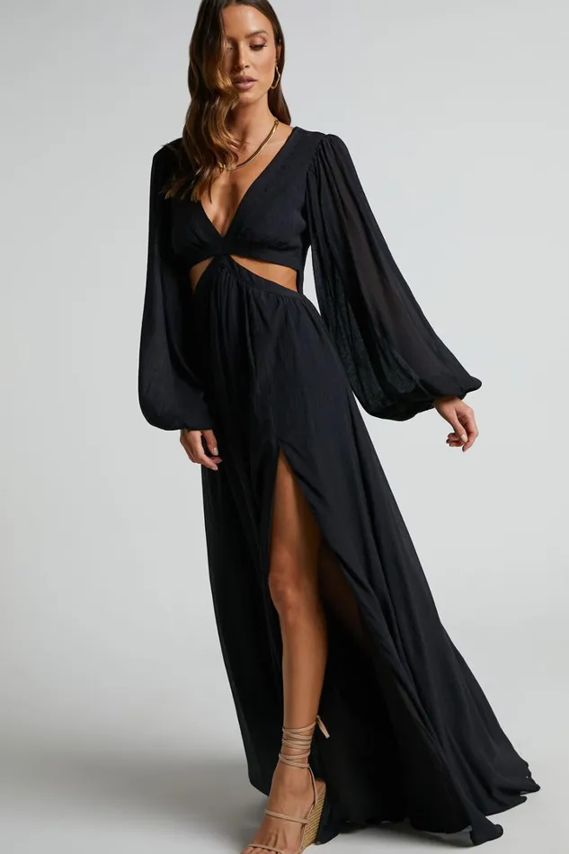 Paige Maxi Dress 8211 Side Cut Out Balloon Sleeve Dress In Black Women Showpo Curve Clothes