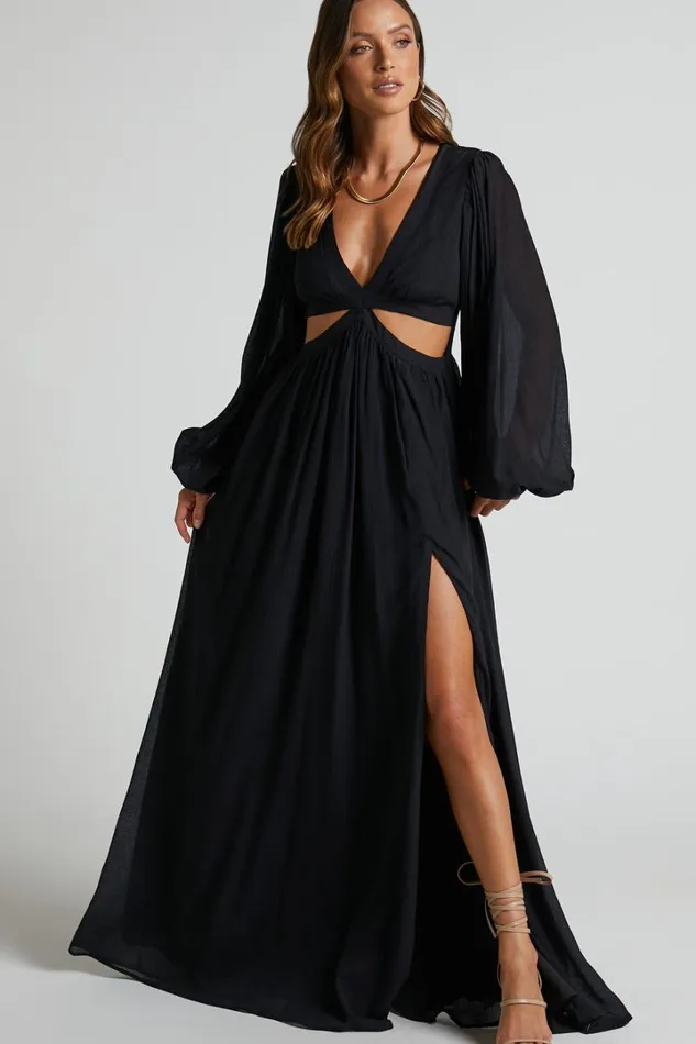 Paige Maxi Dress 8211 Side Cut Out Balloon Sleeve Dress In Black Women Showpo Curve Clothes