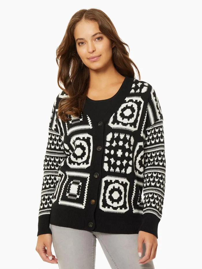 Patchwork Pattern Jacquard Boyfriend Cardigan Women Jones New York Sweaters and Cardigans