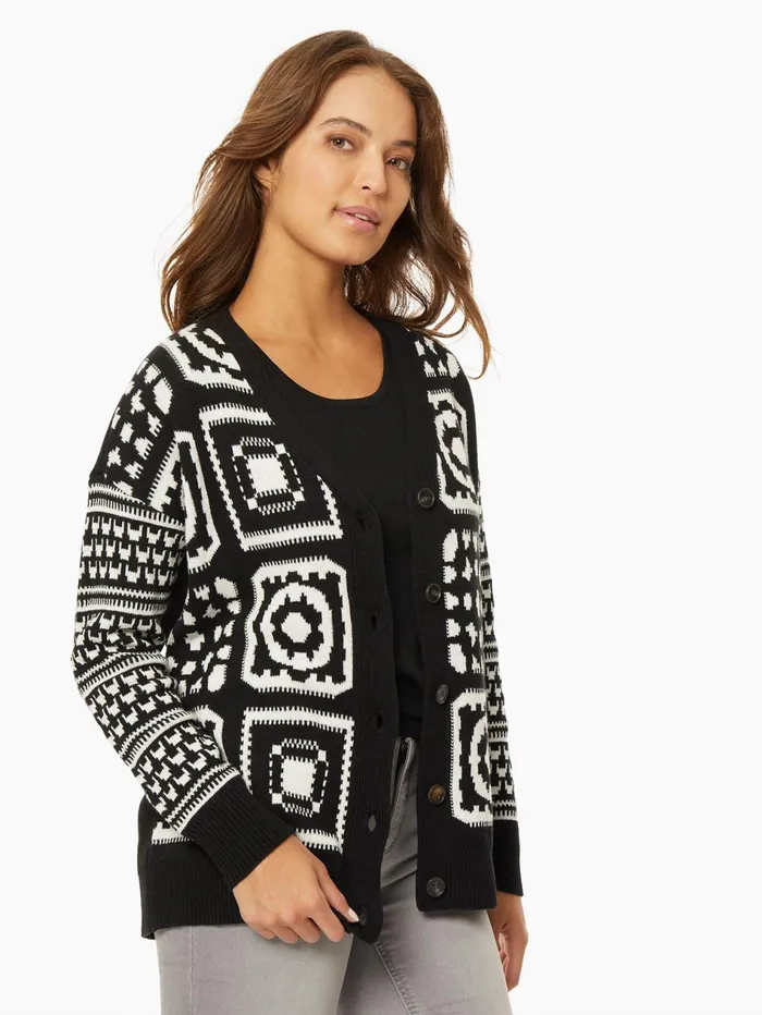 Patchwork Pattern Jacquard Boyfriend Cardigan Women Jones New York Sweaters and Cardigans Patchwork Pattern Jacquard Boyfriend Cardigan Women Jones New York Sweaters and Cardigans