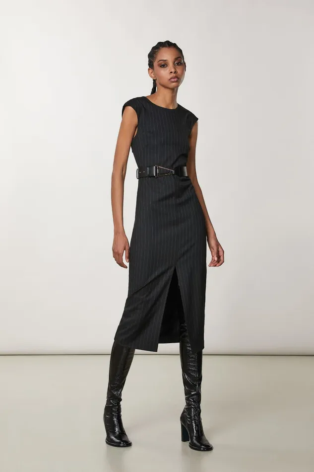 Patrizia Pepe Black Flannel Midi Dress Black Stripes Apparel Midi