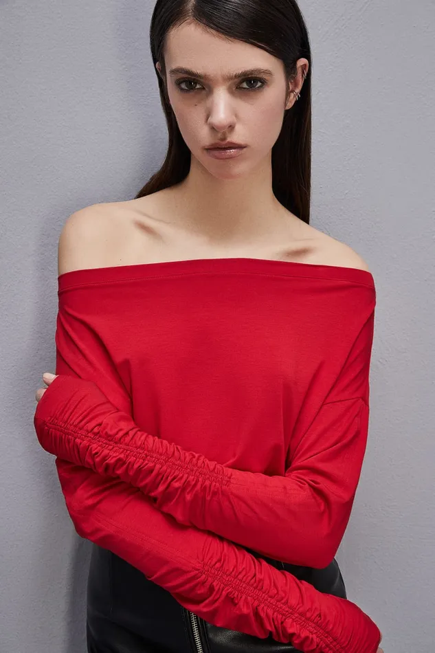 Patrizia Pepe Dropped Shoulder Jersey Tshirt Red Red Heart Apparel Tops