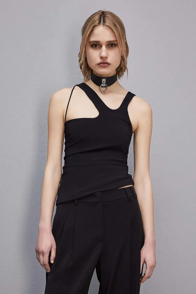 Patrizia Pepe Essential Asymmetrical Neckline Jersey Top Black Nero Apparel Tops