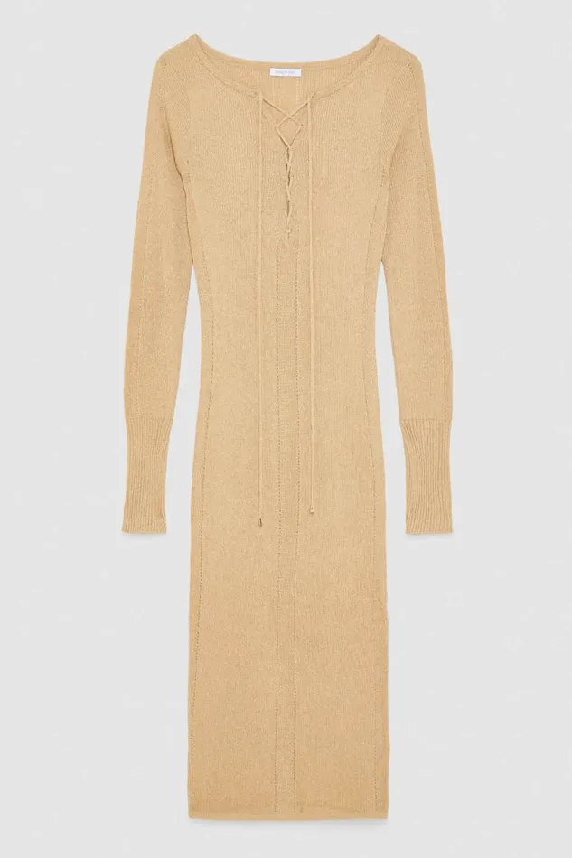 Patrizia Pepe Essential Lurex Ribbed Dress Beige Golden Lurex Apparel Midi