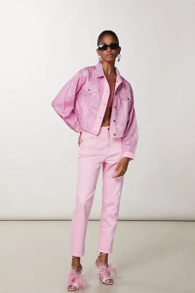 Patrizia Pepe Jeans Jacket With Rhinestones Pink Fresh Pink Apparel Jackets