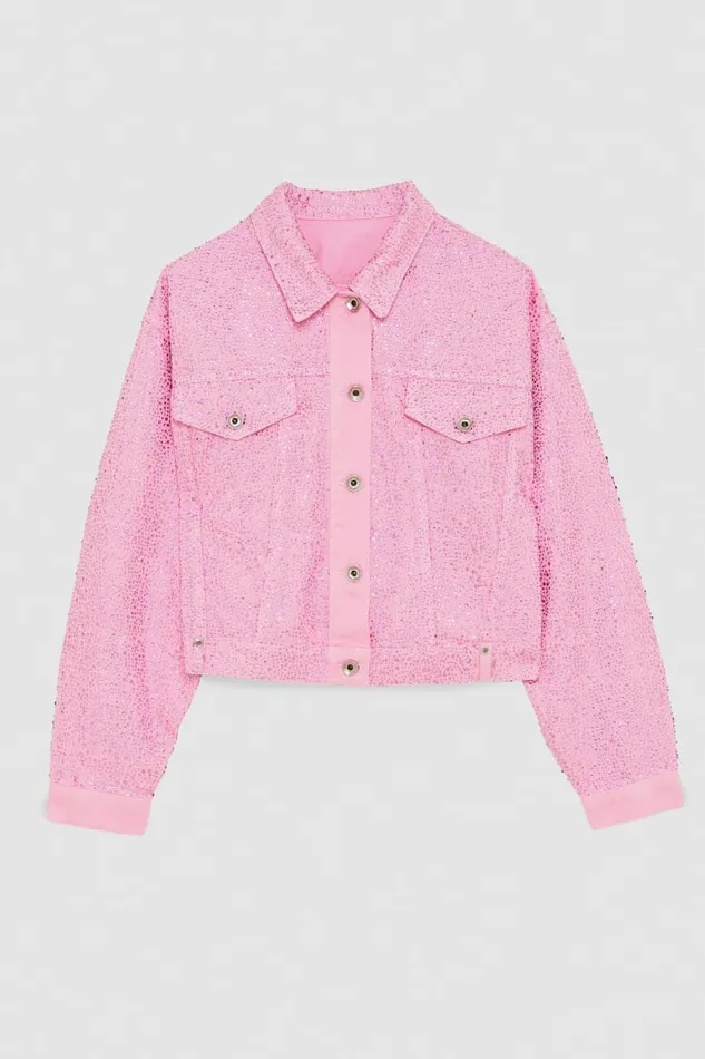 Patrizia Pepe Jeans Jacket With Rhinestones Pink Fresh Pink Apparel Jackets