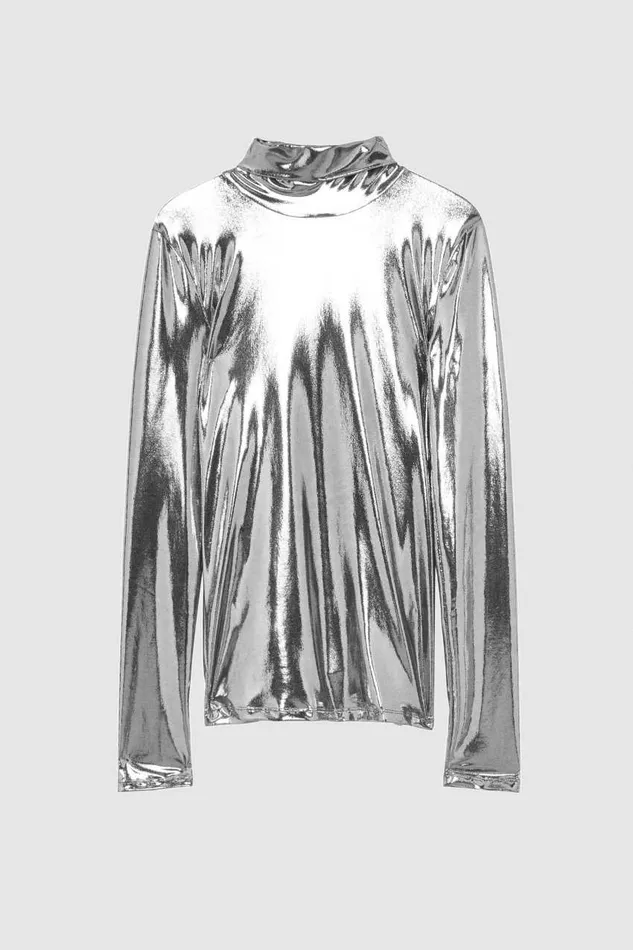 Patrizia Pepe Laminated Jersey Turtleneck Silver Black Silver Apparel Tops