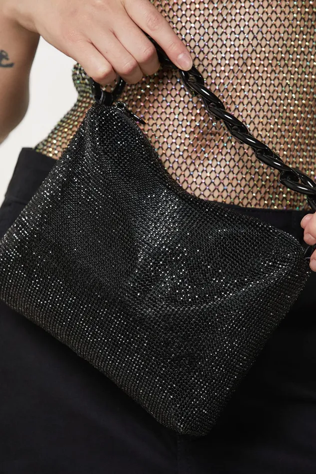 Patrizia Pepe Maxichain Rhinestone Bag Black Total Black Crystal Bags Handbags