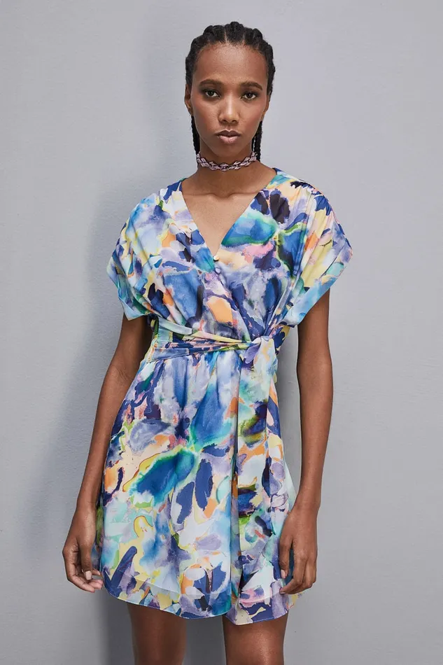 Patrizia Pepe Mini Dress With Vneck And Sash Arty Splash Print Apparel Mini