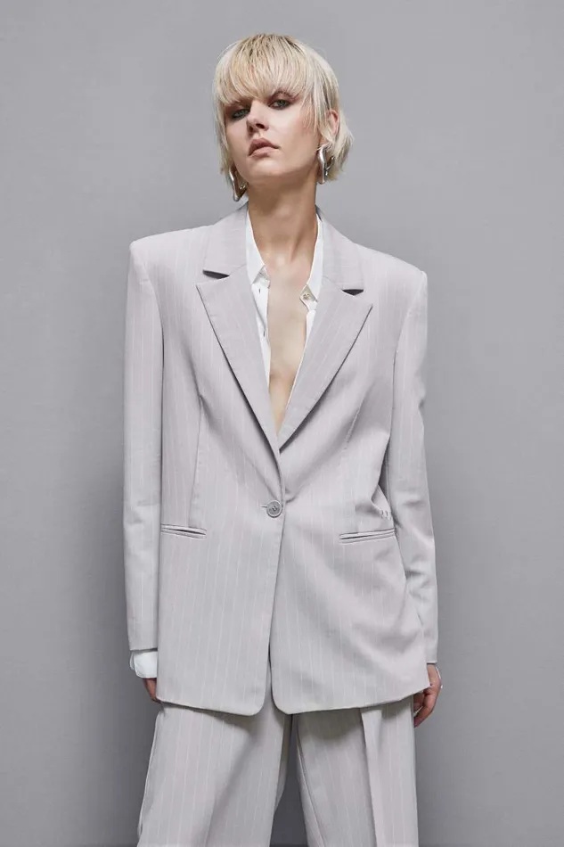 Patrizia Pepe Pinstriped Onebutton Flannel Blazer Grey Utopia Gray Stripes Apparel Blazers
