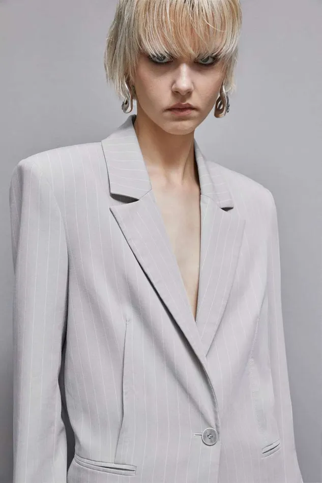 Patrizia Pepe Pinstriped Onebutton Flannel Blazer Grey Utopia Gray Stripes Apparel Blazers