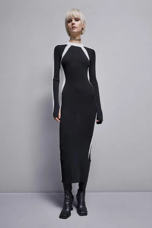 Patrizia Pepe Ribbed Viscose Blend Dress Black Nerobianco Apparel Long