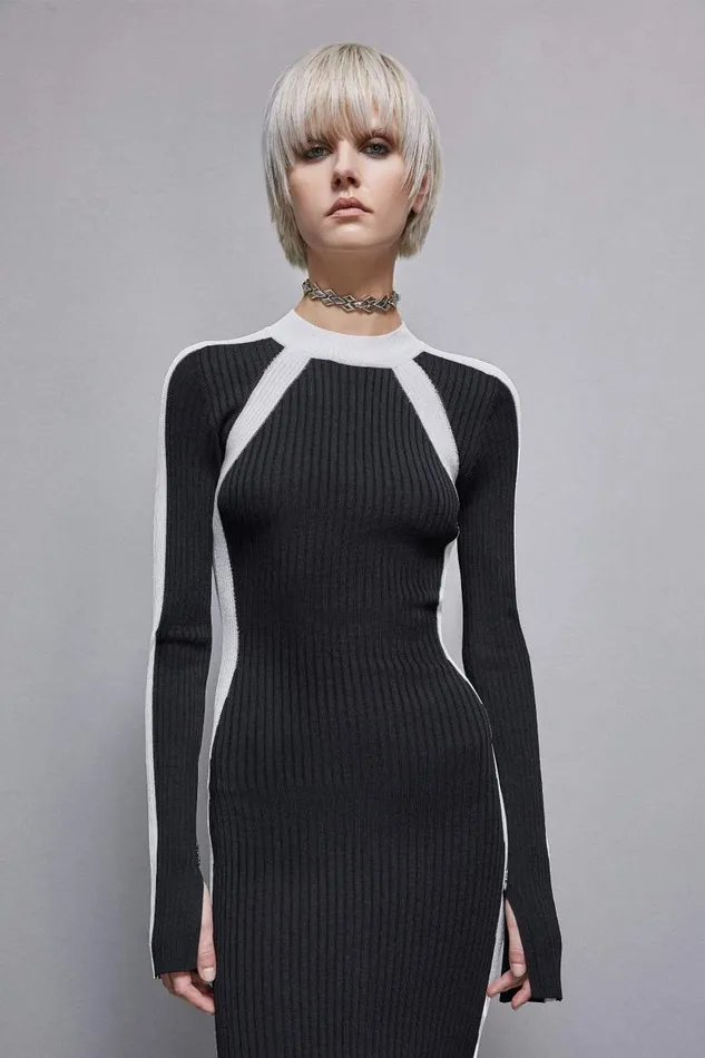 Patrizia Pepe Ribbed Viscose Blend Dress Black Nerobianco Apparel Long