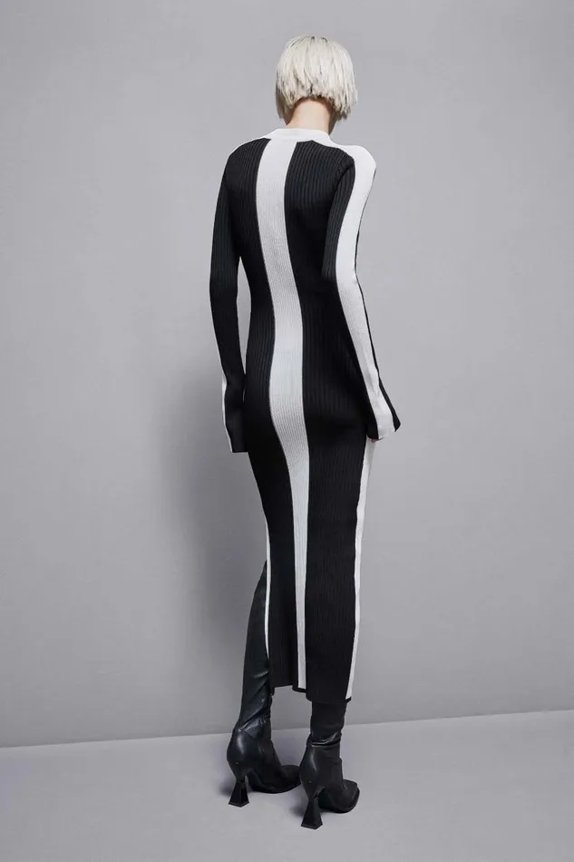 Patrizia Pepe Ribbed Viscose Blend Dress Black Nerobianco Apparel Long