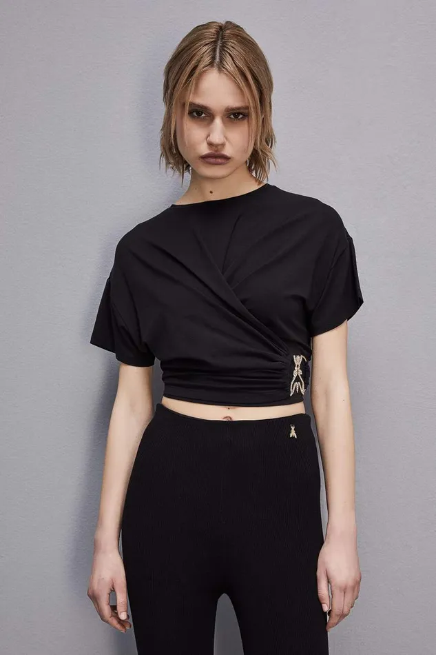 Patrizia Pepe Short Sleeve Shirt With New Rhinestone Fly Black Nero Apparel TShirts