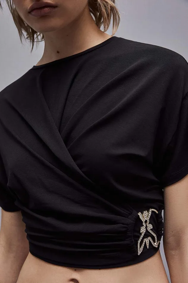 Patrizia Pepe Short Sleeve Shirt With New Rhinestone Fly Black Nero Apparel TShirts