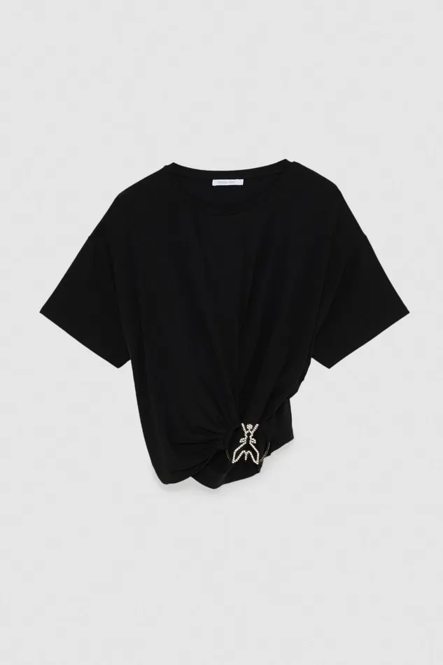 Patrizia Pepe Short Sleeve Shirt With New Rhinestone Fly Black Nero Apparel TShirts