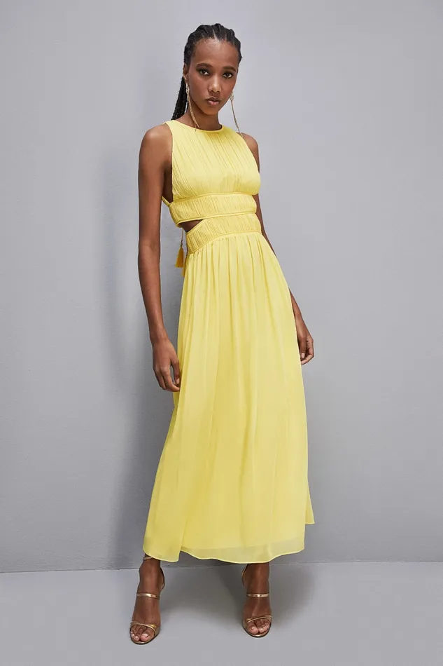 Patrizia Pepe Sleeveless Long Dress With Pleated Effect Yellow Dynamic Yellow Apparel Long
