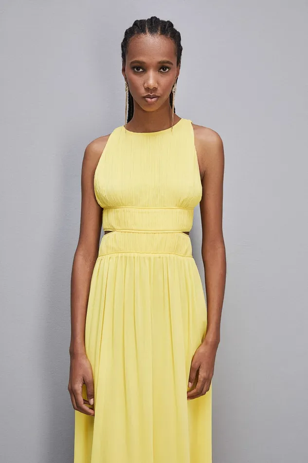 Patrizia Pepe Sleeveless Long Dress With Pleated Effect Yellow Dynamic Yellow Apparel Long