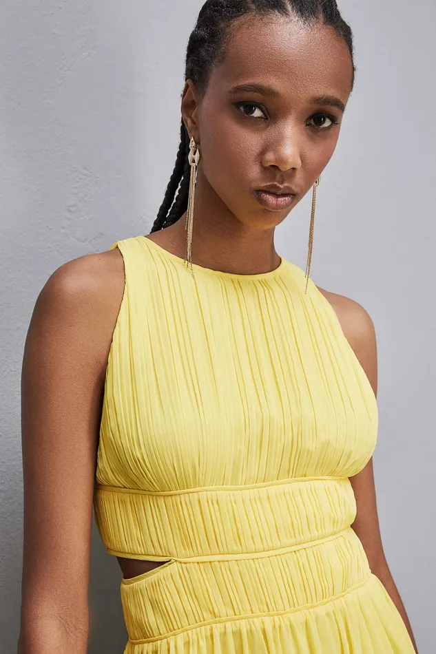 Patrizia Pepe Sleeveless Long Dress With Pleated Effect Yellow Dynamic Yellow Apparel Long