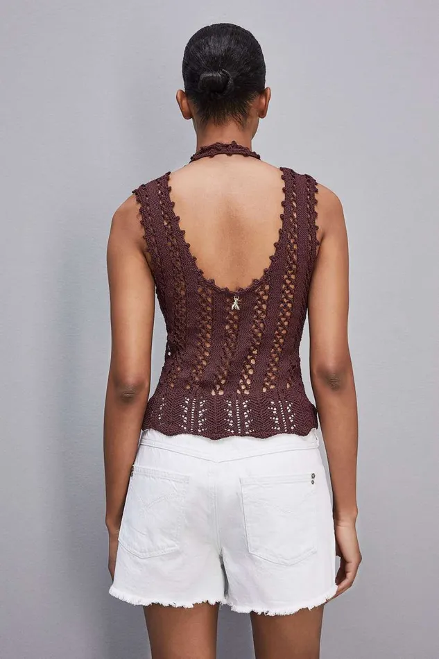 Patrizia Pepe Slim Fit Top In Cotton Blend Purple Dark Plum Apparel Tops