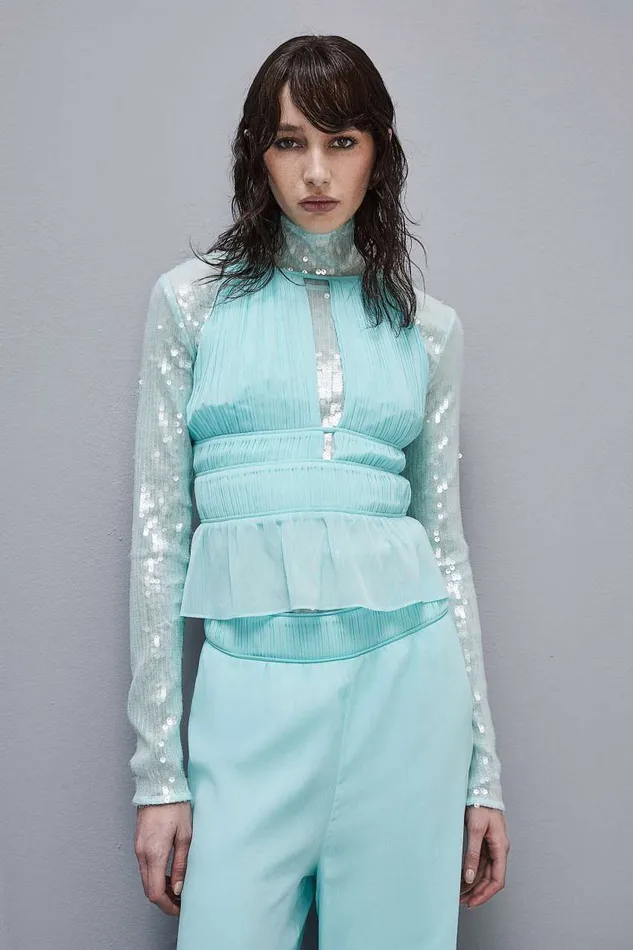 Patrizia Pepe Soft Top With Pleated Effect Light Blue Aqua Blue Apparel Tops