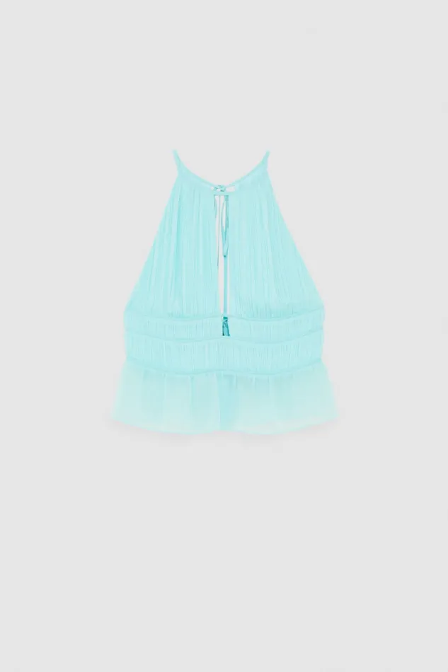 Patrizia Pepe Soft Top With Pleated Effect Light Blue Aqua Blue Apparel Tops