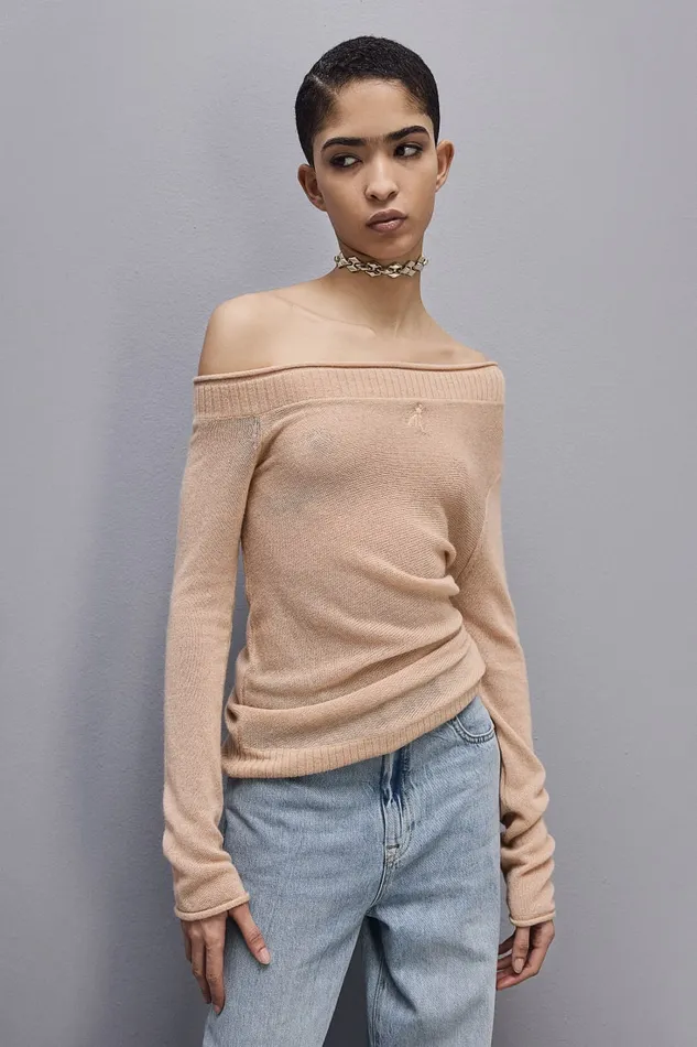 Patrizia Pepe Wool Sweater With Wide Neckline Beige Biscuit Beige Apparel Sweaters