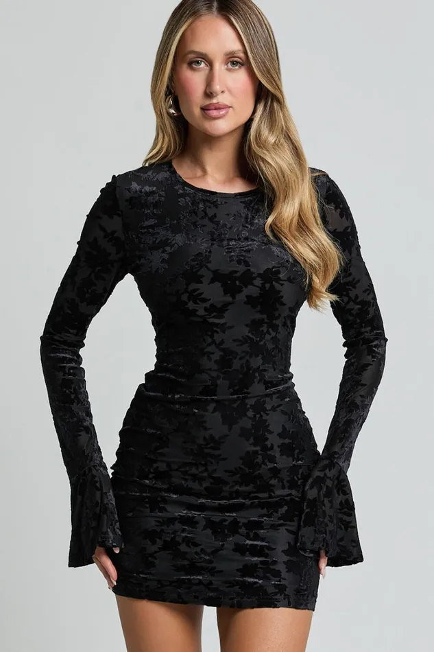 Paula Mini Dress 8211 Burnout Flounce Sleeve Bodycon Dress In Black Women Showpo Dresses Paula Mini Dress 8211 Burnout Flounce Sleeve Bodycon Dress In Black Women Showpo Dresses
