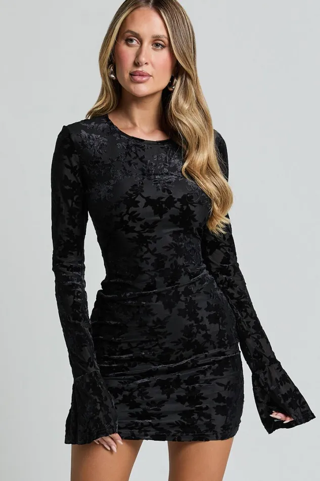 Paula Mini Dress 8211 Burnout Flounce Sleeve Bodycon Dress In Black Women Showpo Dresses