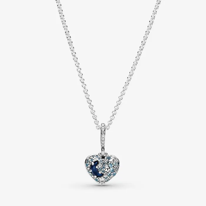 Pendant Necklaces Women Pandora Sparkling Blue Moon and Stars Heart Necklace