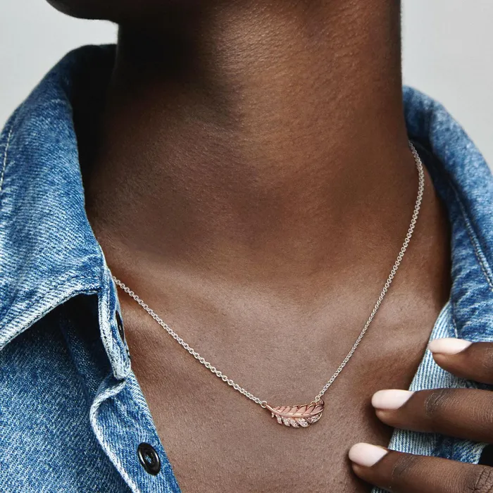 Pendant Necklaces Women Pandora TwoTone Floating Curved Feather Collier Necklace