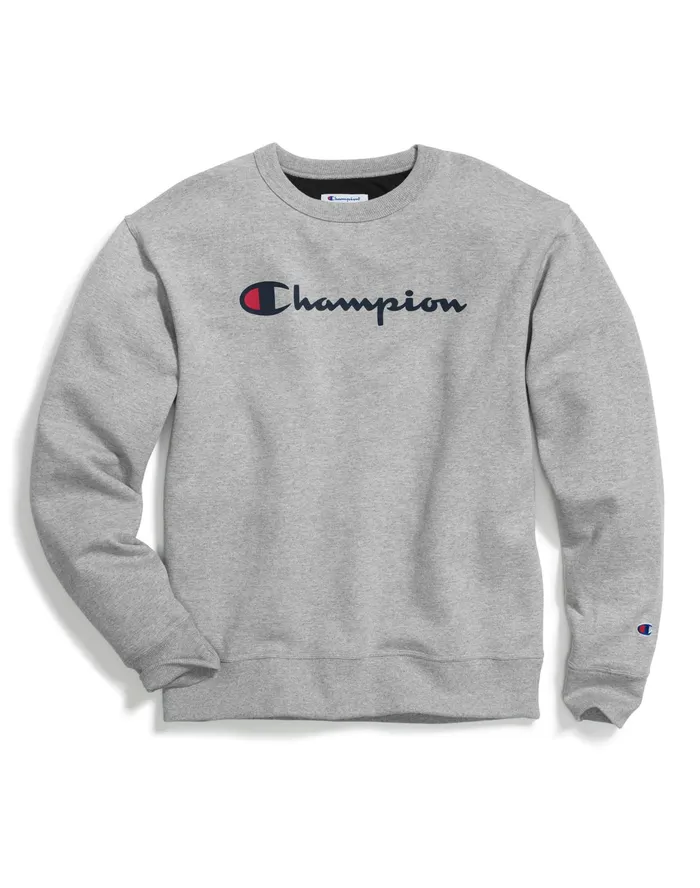 Powerblend Crewneck Sweatshirt Classic Script Oxford Grey Men Champion Hoodies and Sweatshirts Powerblend Crewneck Sweatshirt Classic Script Oxford Grey Men Champion Hoodies and Sweatshirts