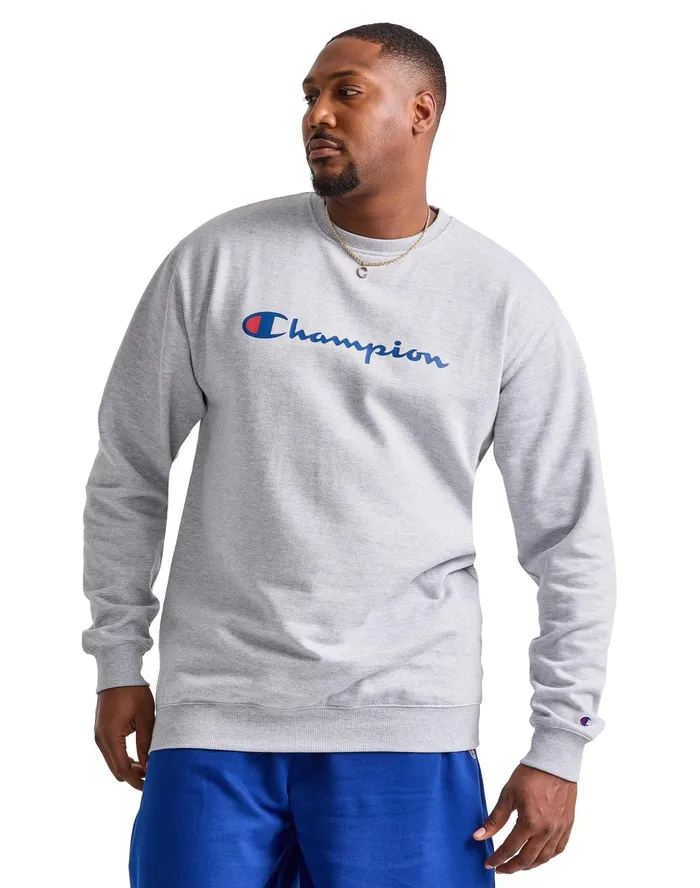 Powerblend Crewneck Sweatshirt Script Logo Big and Tall Oxford Grey Men Champion Hoodies and Sweatshirts Powerblend Crewneck Sweatshirt Script Logo Big and Tall Oxford Grey Men Champion Hoodies and Sweatshirts