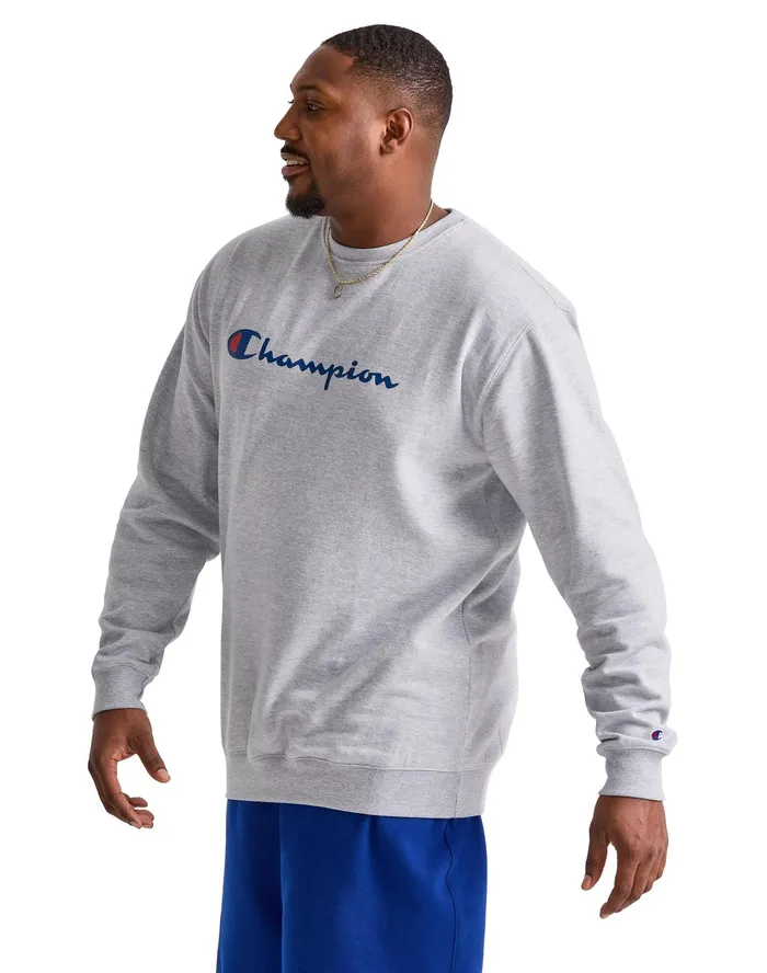 Powerblend Crewneck Sweatshirt Script Logo Big and Tall Oxford Grey Men Champion Hoodies and Sweatshirts