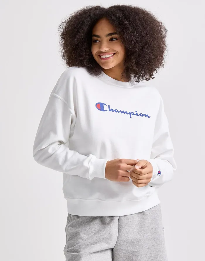 Powerblend Crewneck Sweatshirt Script Logo White Women Champion Hoodies and Sweatshirts