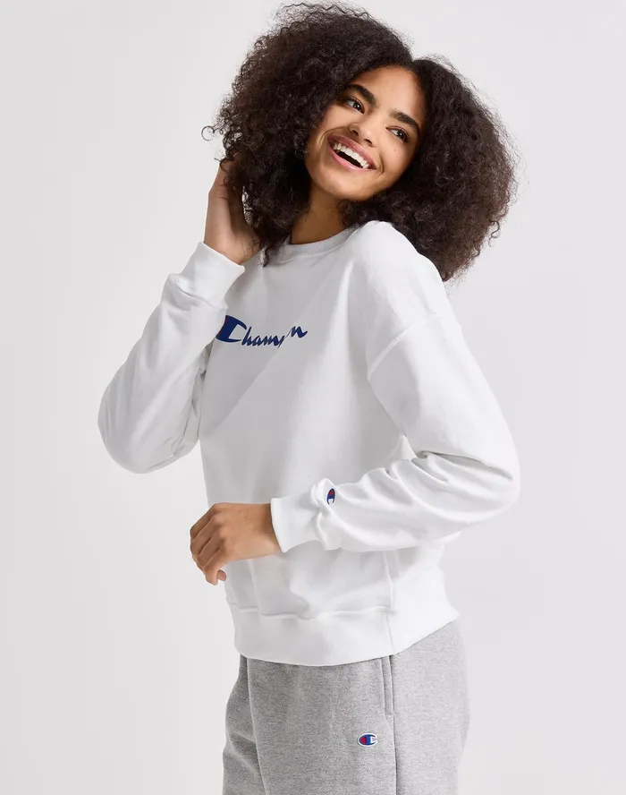 Powerblend Crewneck Sweatshirt Script Logo White Women Champion Hoodies and Sweatshirts